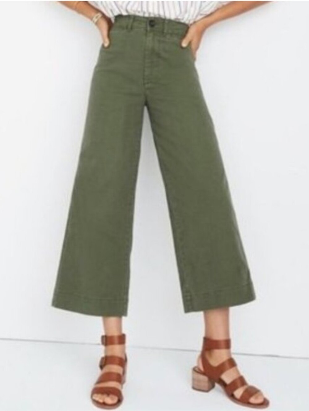 Madewell Emmett High Rise Wide Leg Crop Pants Button Front Green 28